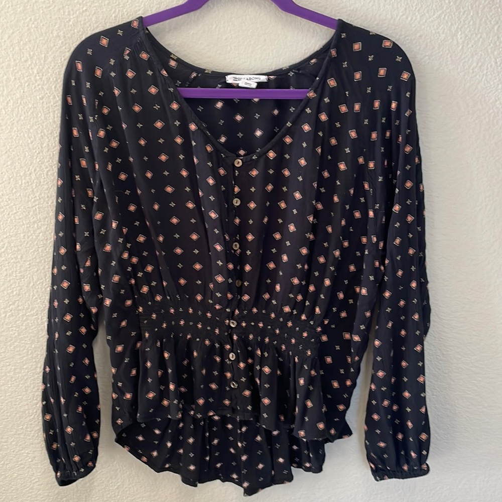 Billabong black aztec print long sleeve top Size L